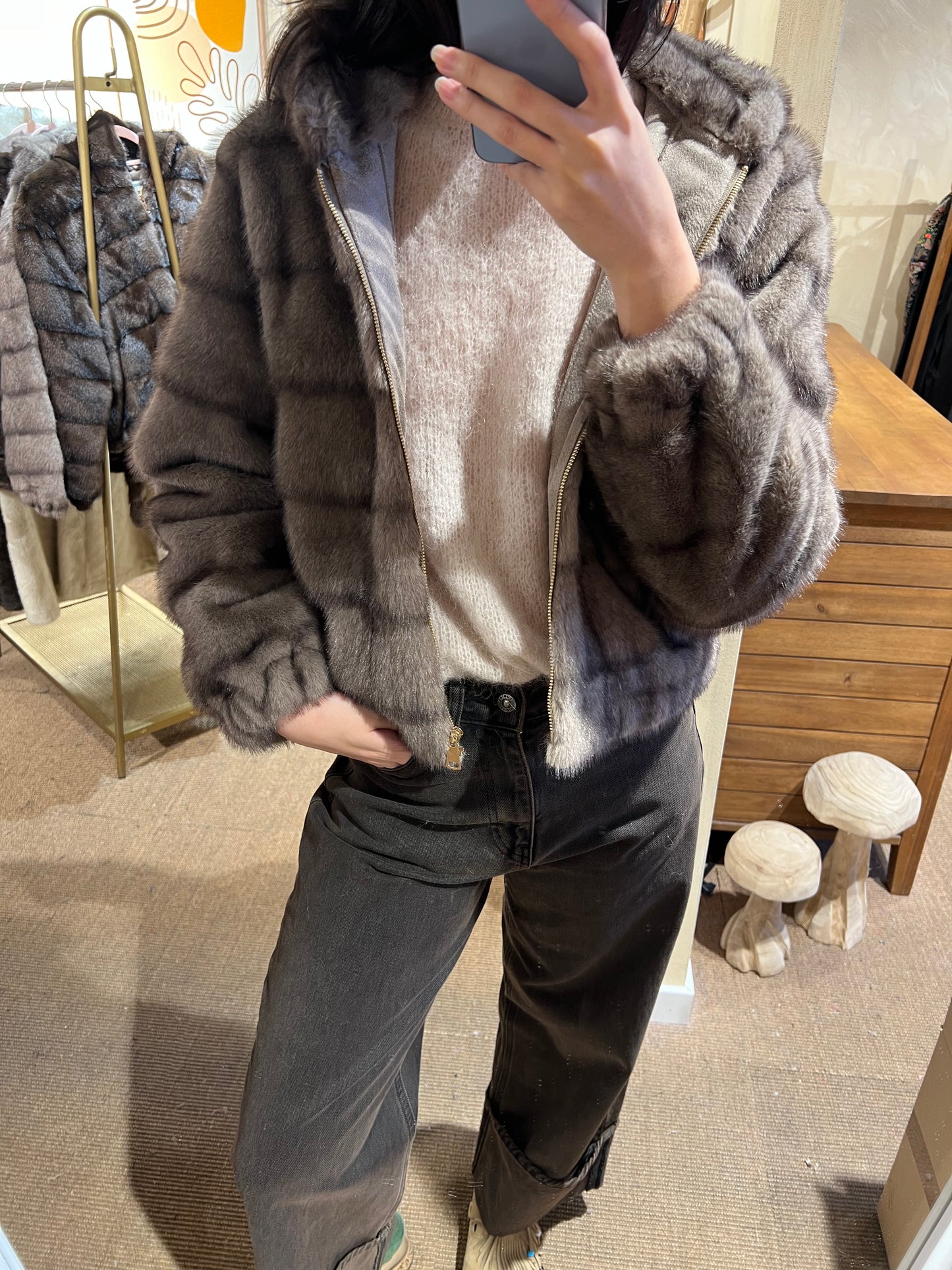 Faux Fur Hooded Jacket Mocha Dream