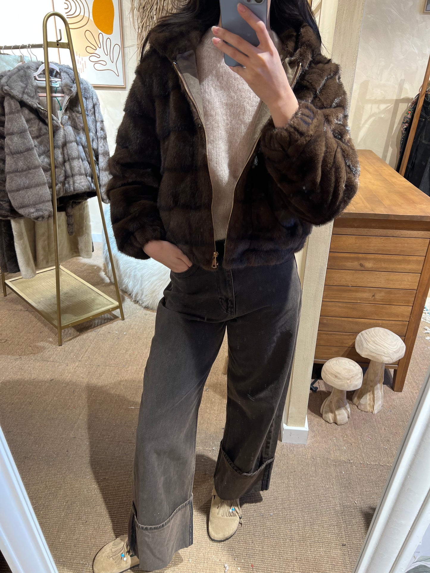 Faux Fur Hooded Jacket Mocha Dream
