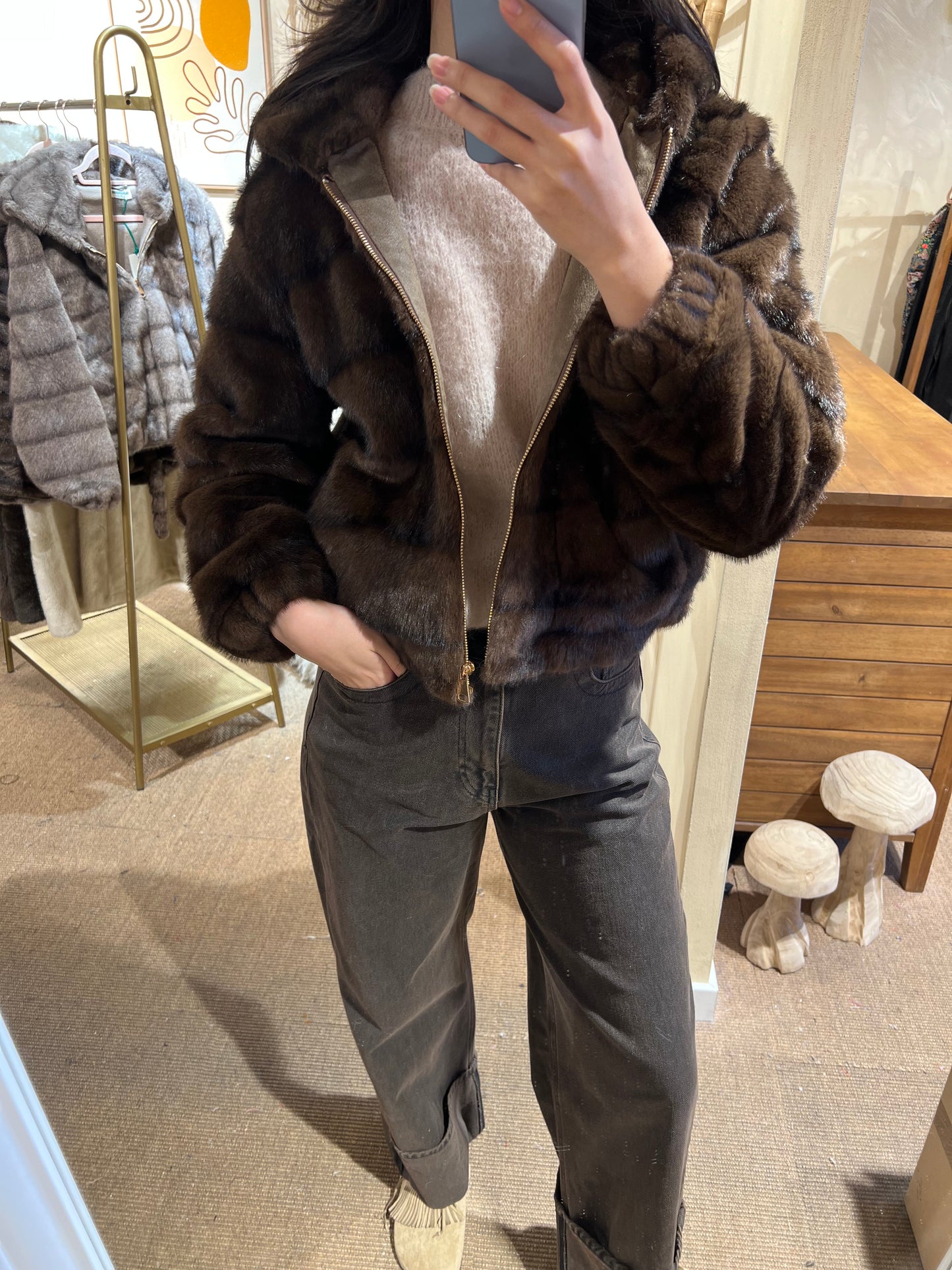Faux Fur Hooded Jacket Mocha Dream