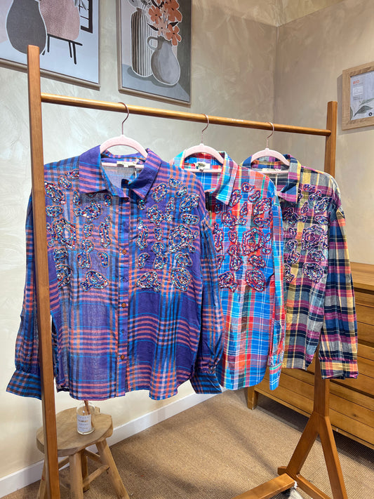 Embroidered Check Shirt Bohemian Shine