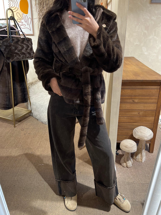 Faux Fur Belted Jacket Espresso Elegance